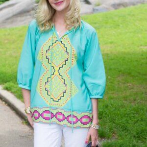 Britt‎ Ryan Large Blue Multi Color Abstract Geometric Pure Silk Blouse Bohemian